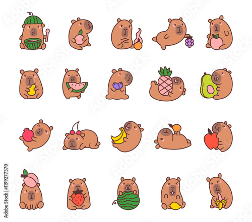 Set of kawaii capybara cartoon characters with fruits including watermelon, pineapple, banana, avocado, lemon, peach and apple and cute charming emotions for creative designs illustration