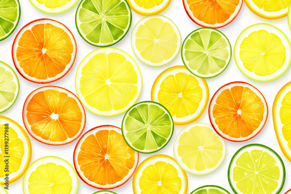 Obraz premium Beautiful citrus fruits pattern such as orange and lemon, flat lay on white background