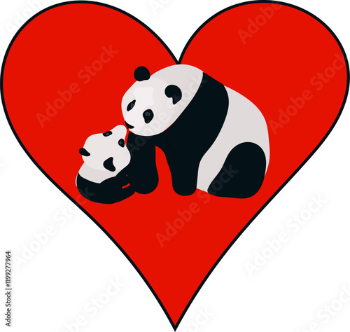 A vector drawing of a Female Panda Bear, a Sow sitting opposite her Cub and kissing the cub, in the centre of a red heart with black lining