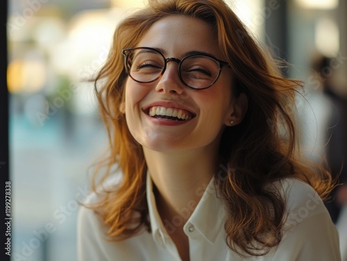 A woman wearing glasses, smiling and laughing. She has a light skin tone. Shot with shallow depth of field. photo