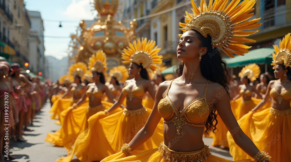 Fototapeta premium Scène de danse et char couleur or au carnaval de Rio