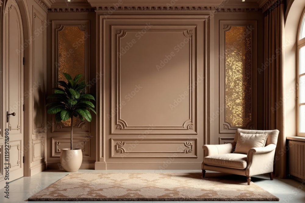 Elegant Room Interior Design with Ornate Walls and Plush Armchair Elegant Room Interior Design with Ornate Walls and Plush Armchair