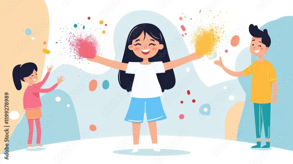 Naklejka premium Cheerful children celebrating with colorful powders in a vibrant and playful environment
