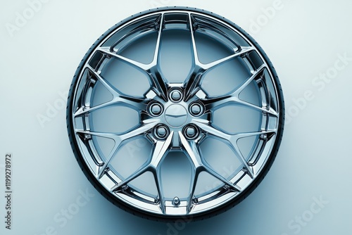 Chrome alloy wheel, sleek design, modern.