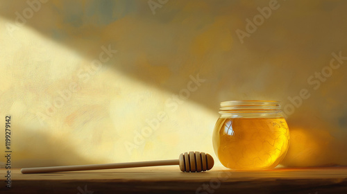 honey jar and wooden honey spoon isolated on 3 d amazing background photo