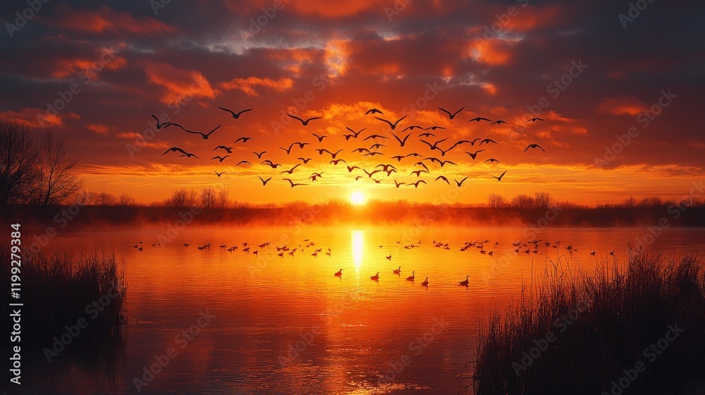 Birds fly at sunset over calm, orange water. Birds fly at sunset over calm, orange water.