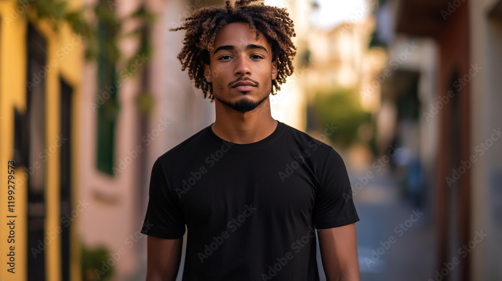 Fototapeta premium Young man stands confidently in a colorful street while sun shines brightly