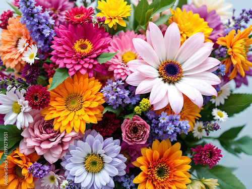 Background of bright colorful artificial flowers. Close up.