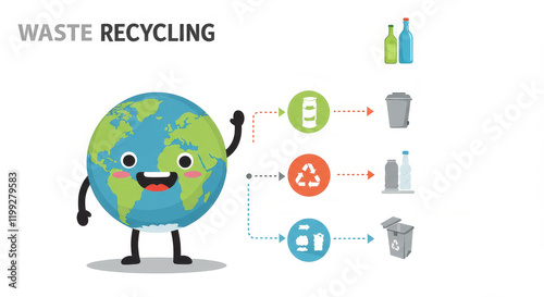 Cute drawn earth promotes waste recycling with sorting guide for bottles and cans photo