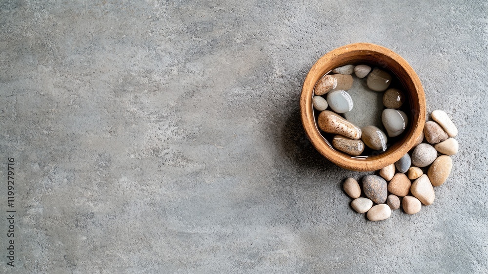 Smooth pebbles in wooden bowl on textured surface