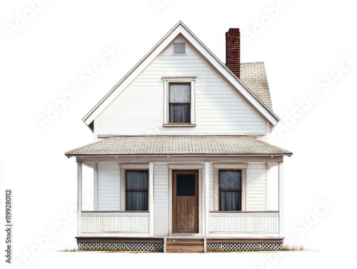 A quaint vintage house with white siding, a porch roof, and wooden steps. A chimney and window shutters add to the rustic charm. photo