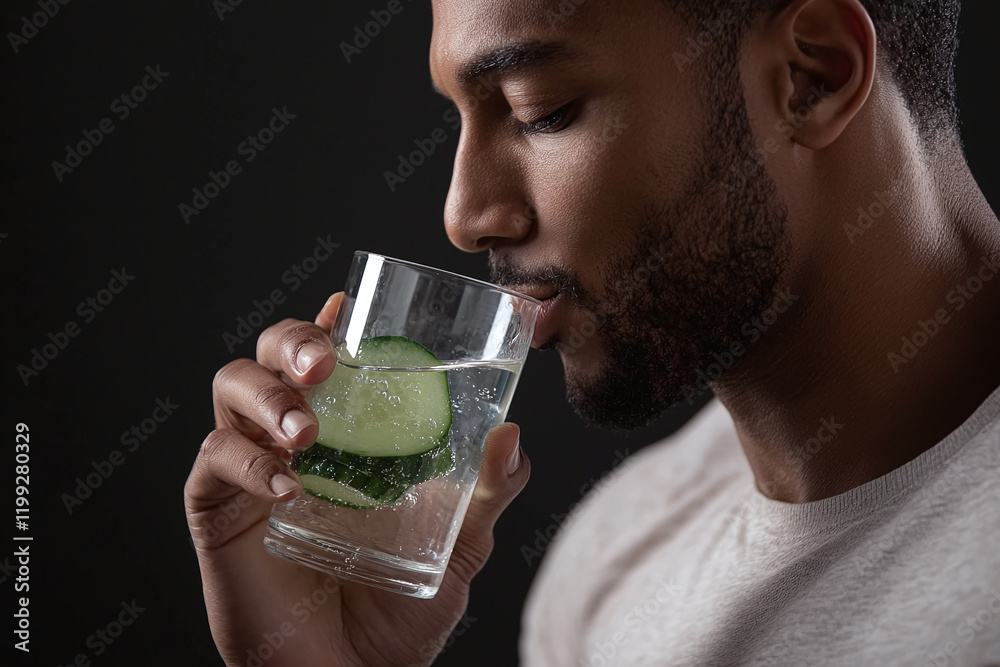 Muscular man enjoying refreshing drink with cucumber slices, showcasing moment of relaxation and wellness. contrast of dark background highlights his focused expression Muscular man enjoying refreshing drink with cucumber slices, showcasing moment of relaxation and wellness. contrast of dark background highlights his focused expression
