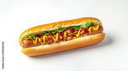 A classic hot dog with mustard and ketchup, isolated on a bright white background, photo