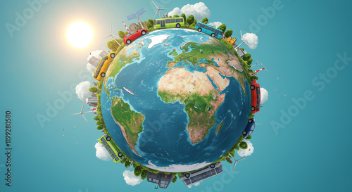 Earth globe surrounded by vehicles and wind turbines under a bright sun
