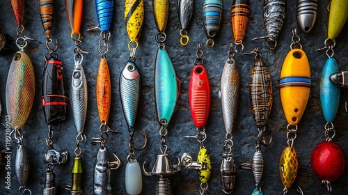 Close-up of colorful fishing lures and tackle on a textured surface, showcasing variety and detail for the avid angler.