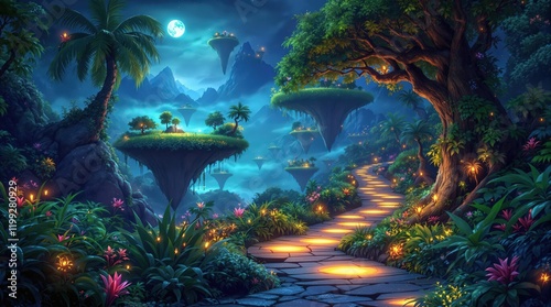 Enchanting fantasy landscape with floating islands, glowing path, and lush vegetation. Magical and dreamlike scenery