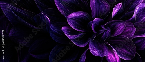 Luminous purple dahlia petals with glowing edges photographed in macro against black background, creating an ethereal neon-like effect with detailed vein patterns and graceful curves. Generative AI