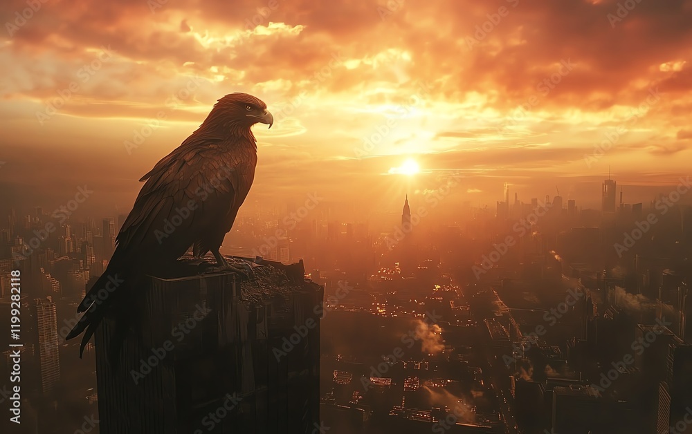 Fototapeta premium Majestic eagle perched atop a skyscraper, silhouetted against a vibrant sunset over a sprawling cityscape. Symbol of freedom, power, and urban wildlife.