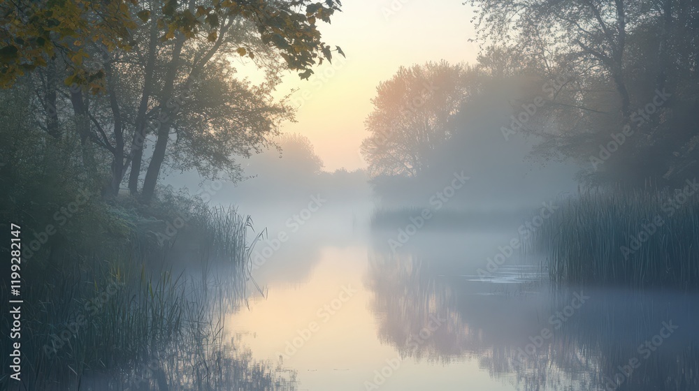 Fototapeta premium Misty Dawn Reflections on a Calm River, Trees and Reeds Silhouetted in the Fog