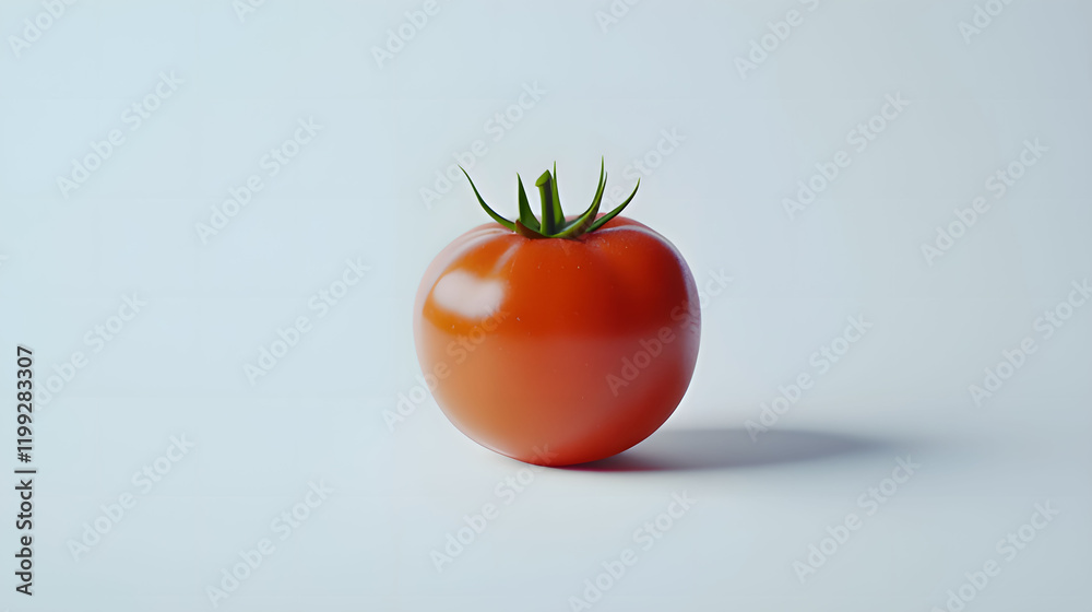 Bright red tomato sits on a clean surface illuminated by soft light highlighting its smooth surface and green stem. Generative AI