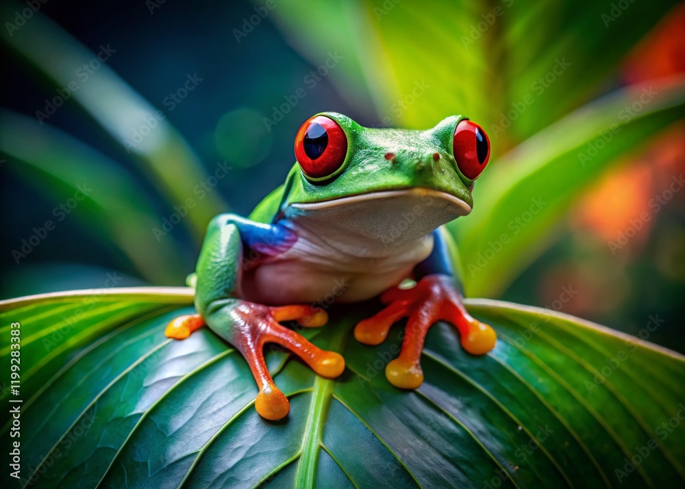 Fototapeta premium Surreal Green Frog Rainforest Leaf Close-up