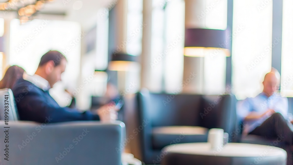 Fototapeta premium Business Lounge Blur – A modern business lounge with comfortable seating and soft lighting in blur. 