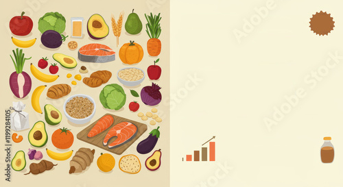 Healthy food variety and nutritional balance with salmon and vegetables