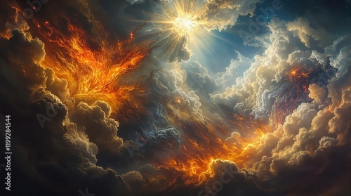 Epic battle between good and evil, represented by light and darkness, with a central figure and dragon. Fantasy and mythology