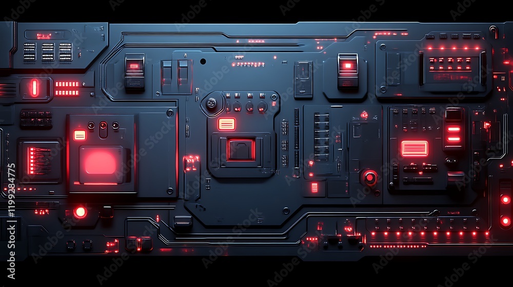 Obraz premium Futuristic Technology Panel With Red Lights Illuminated