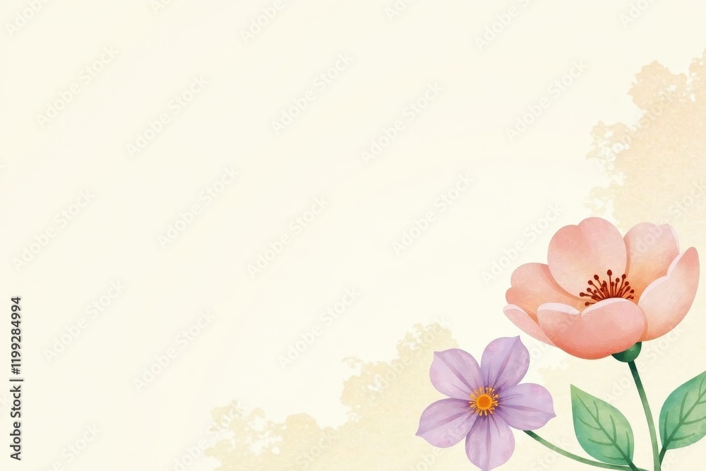 Obraz premium Elegant Floral Design with Peach and Lavender Blossoms on a Soft Cream Background, Perfect for Invitations and Announcements
