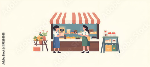 A shopkeeper welcoming customers, plain light background, open expression