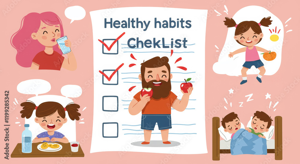 Healthy habits checklist with children and male holding apple Healthy habits checklist with children and male holding apple