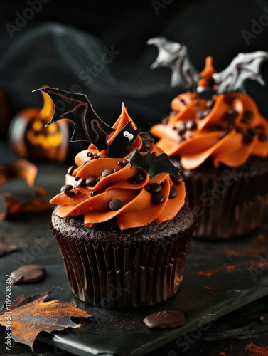 A Halloween themed cupcake topped with frosting and chocolate chips, garnished with bats and candy decorations. photo