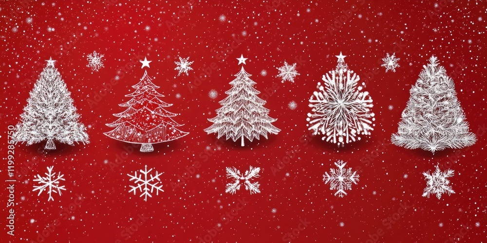 A row of Christmas trees with lights on a red festive background. Decorative ornaments and snowflakes create a warm holiday atmosphere. A row of Christmas trees with lights on a red festive background. Decorative ornaments and snowflakes create a warm holiday atmosphere.