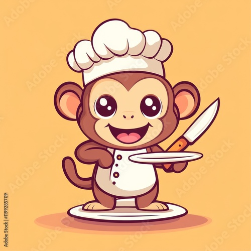 Cartoon monkey chef holding knife and plate, standing, with plain background, used for culinary themes photo