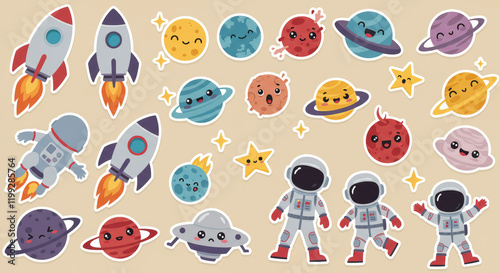 Cute space-themed stickers with rockets, planets, and astronauts