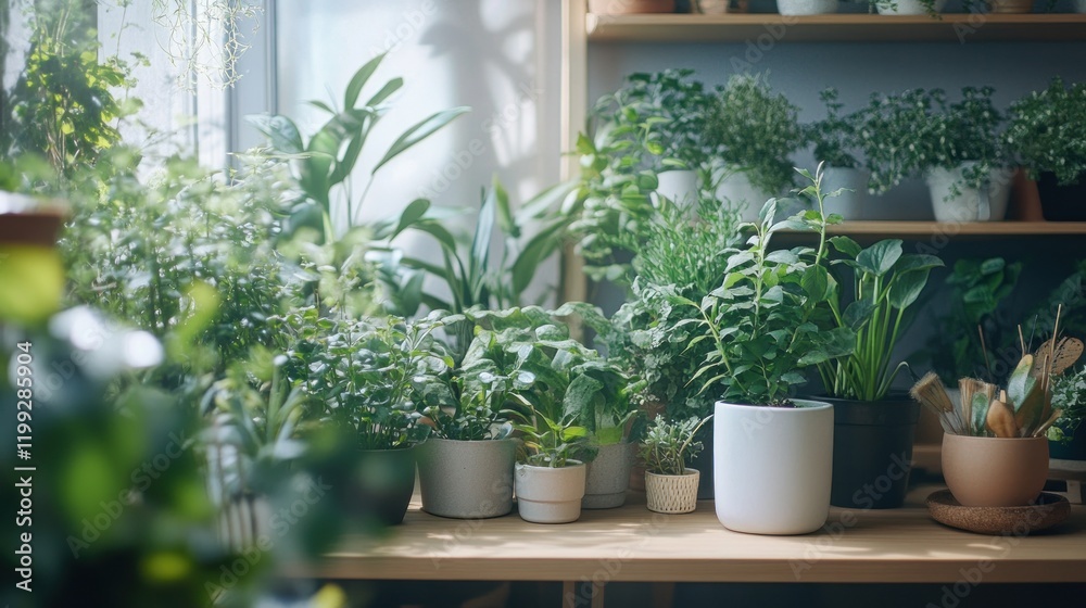 Fototapeta premium A collection of potted plants arranged on shelves and a table, bathed in soft, natural light creating a serene indoor botanical scene