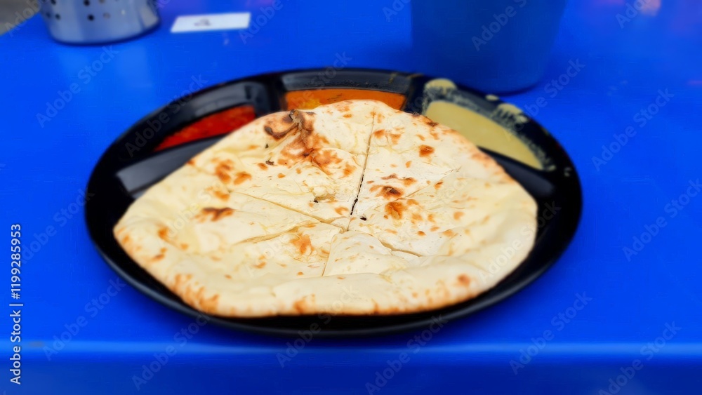 Freshly Made Naan Bread with Colorful Dipping Sauces Served on a Round Plate on a Bright Blue Table Surface in an Outdoor Setting Freshly Made Naan Bread with Colorful Dipping Sauces Served on a Round Plate on a Bright Blue Table Surface in an Outdoor Setting
