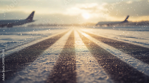 Snow-covered runway with faint tire tracks, soft sunlight casting long shadows, distant planes blurred, shallow focus. Winter serenity in motion.