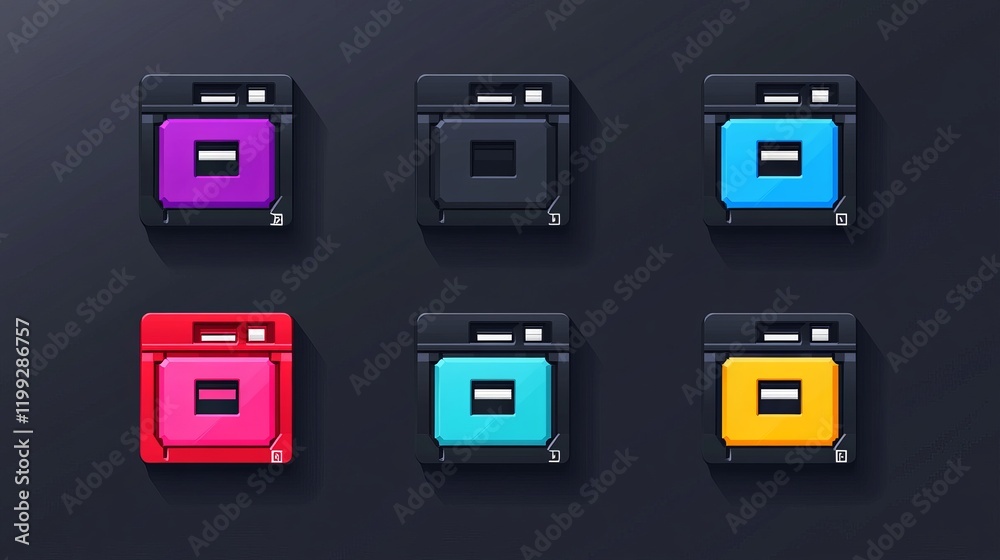 A set of floppy disk icons designed as save file buttons, available in filled black and outlined styles A set of floppy disk icons designed as save file buttons, available in filled black and outlined styles