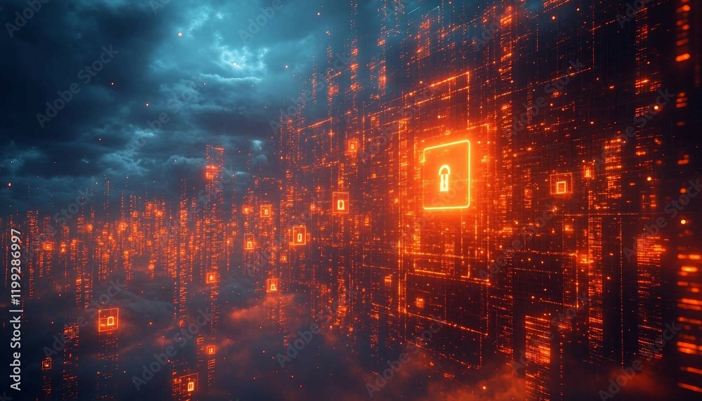 Obraz premium Files and documents floating in a virtual cloud, surrounded by glowing locks and shields indicating encryption, Data Security in a Virtual Cloud