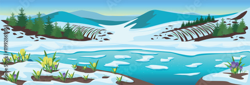 Panoramic spring landscape with river, mountains, forest, fields, melting snow and crocuses. Beautiful spring background illustration. Vector