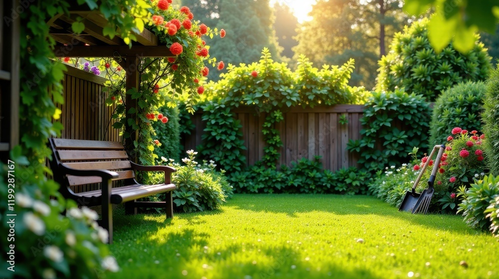 Serene Backyard Oasis Wooden Bench Under Blooming Vine, Lush Greenery, and a Well-Maintained Lawn with Gardening Tools Serene Backyard Oasis Wooden Bench Under Blooming Vine, Lush Greenery, and a Well-Maintained Lawn with Gardening Tools