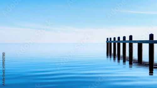Serene pier extending over calm, clear blue water under bright sky