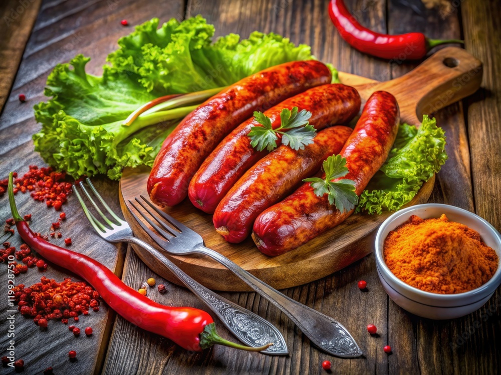 Smoked sausage, double-exposed: Chili peppers & paprika enhance spicy pork salami's smoky flavor. Smoked sausage, double-exposed: Chili peppers & paprika enhance spicy pork salami's smoky flavor.