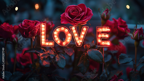 Bright love sign surrounded by red roses at night