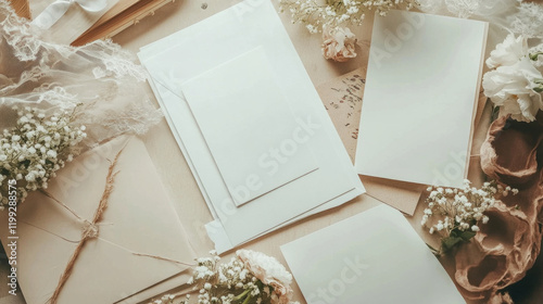 Elegant wedding invitations and accessories arranged with dried flowers and lace on soft fabric backdrop