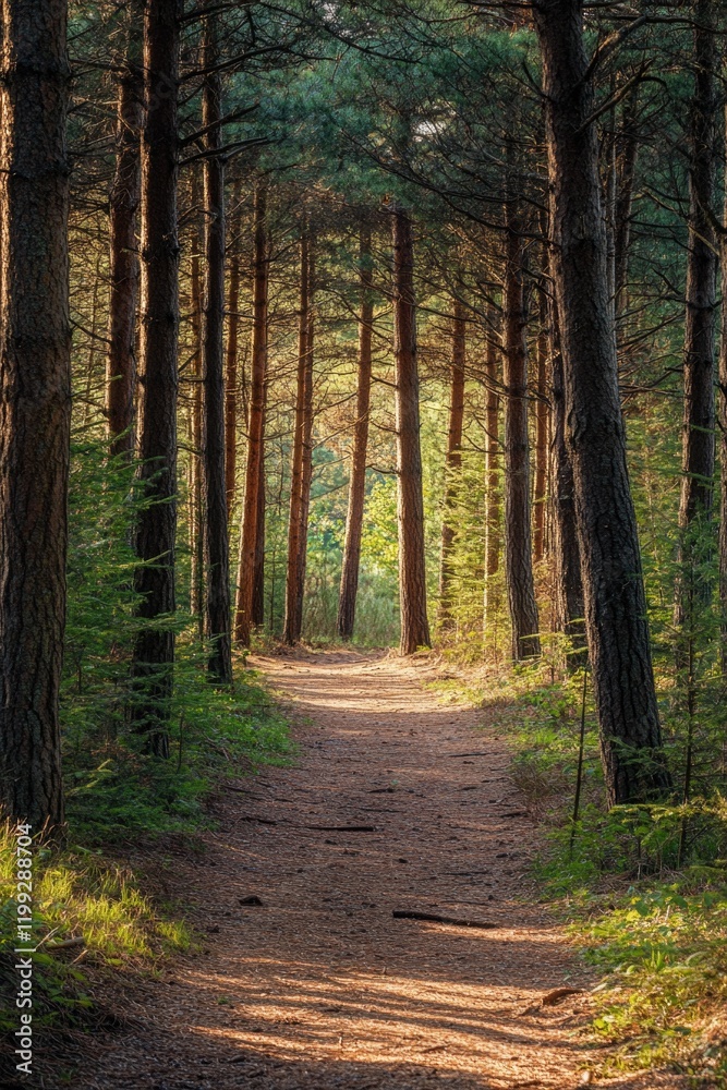 Obraz premium An inviting forest path on a sunny day, with dappled sunlight filtering through the tall trees and illuminating the trail ahead.