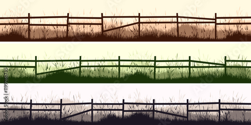Meadow silhouettes with grass and old wooden fence. Countryside, panoramic summer lawn rural landscape with herbs, weeds. Herbal border, frame element. Brown horizontal banners. Vector illustration