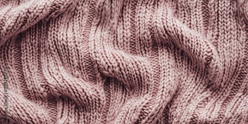 Close-up of intricately patterned knitted sweater, showcasing pink yarn and cable knitting technique. photo